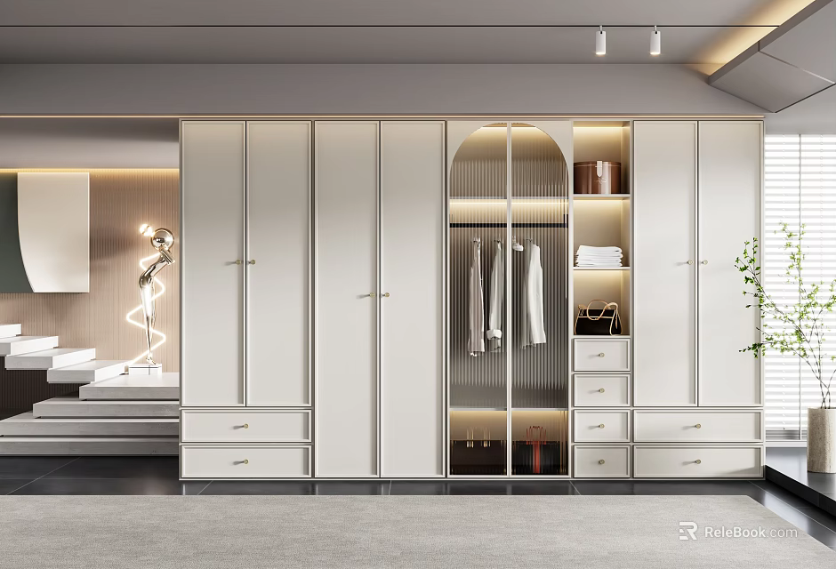 Modern Wardrobe Design With Hanging Rods Drawers And Glass Door Storage Section 3d model 