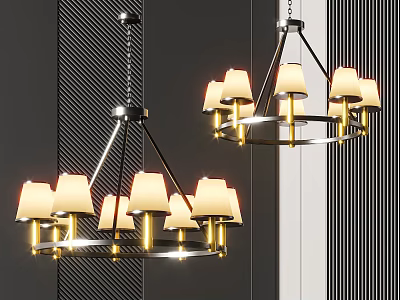 Modern Chandelier Design With Metal Frame Multiple Beige Shades Warm Lighting And Striped Wall 3d model