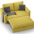Yellow Upholstered Double Sofa With Gray Pillows And Blanket Extendable Ottoman 3d model