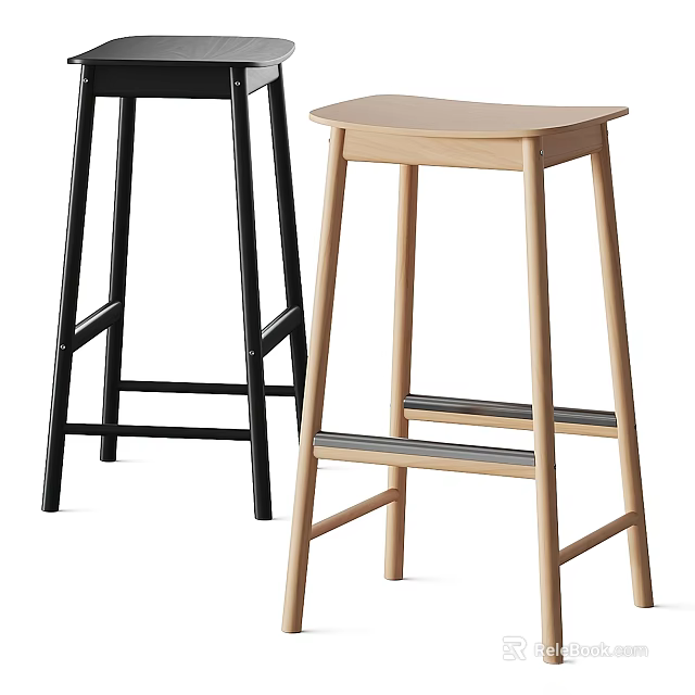 Modern Stylish Bar Stools Featuring Black And Light Wood Design For Kitchen 3d model