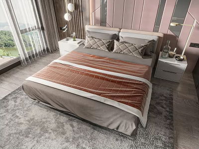 Stylish Double Bed with Checkered Bedding Pink Accent Wall Nightstands and Table Lamps 3d model