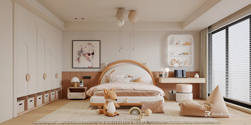 Children's Bedroom Interior With Arched Bed Pink Bedding Stuffed Fox And Balloon Lights 3d model 