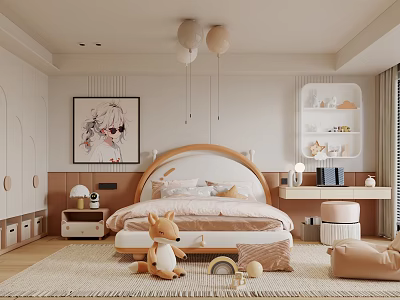 Children's Bedroom Interior With Arched Bed Pink Bedding Stuffed Fox And Balloon Lights 3d model