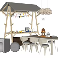 Kids Table With Chairs Wooden Playhouse Colorful Bunting Flags Hanging Cloud Pendant Light And Toys
