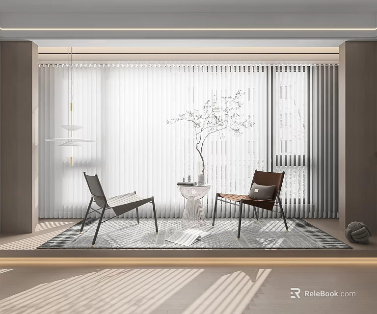 Modern Blinds in Bright Interior with Two Chairs Small Table Vase and Sunlight Patterns 3d model 