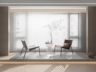 Modern Blinds in Bright Interior with Two Chairs Small Table Vase and Sunlight Patterns 3d model