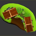 3D Model Wooden Tower And Cabin With Green Grass Brown Path And Fence