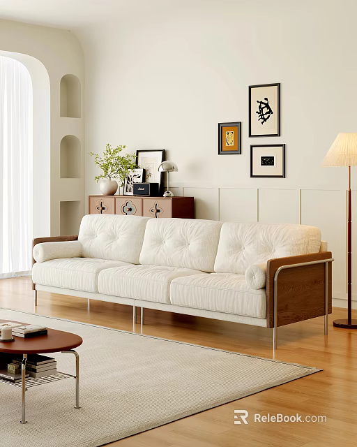 Elegant Cream White Fabric Multi Seater Sofa With Wooden Armrests For Cozy Bright Living Room 3d model 