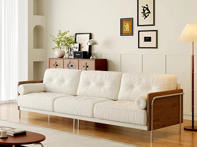 Elegant Cream White Fabric Multi Seater Sofa With Wooden Armrests For Cozy Bright Living Room 3d model