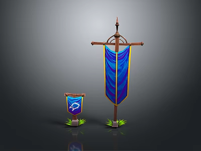 Large And Small Weapon Flags With Blue Fabric Yellow Borders On Wooden Flagpoles 3d model