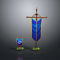 Large And Small Weapon Flags With Blue Fabric Yellow Borders On Wooden Flagpoles