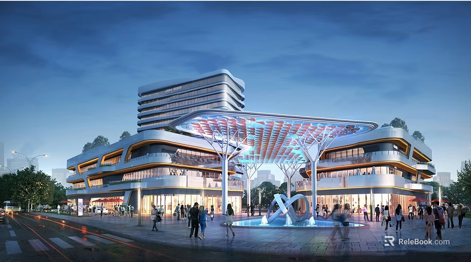 Modern Office Building Exterior Design With Glass Facade Plaza Fountain And Pedestrian Activity 3d model 
