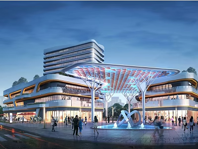 Modern Office Building Exterior Design With Glass Facade Plaza Fountain And Pedestrian Activity 3d model