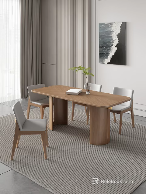 Wooden Rectangular Dining Table Set With Four Chairs Light Curtain Area Rug And Wall Art 3d model