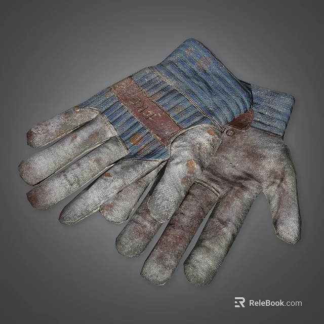 Old Worn Work Gloves With Fabric And Leather Textured Dirty Surface 3d model 