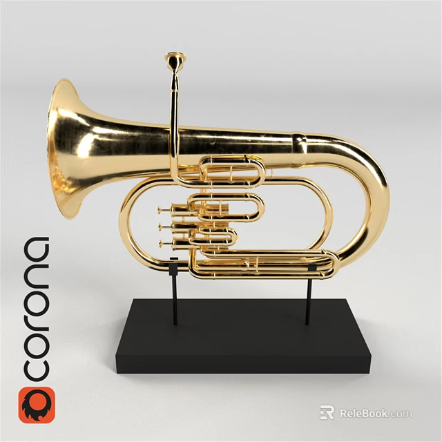Golden Brass Tuba Musical Instrument With Black Display Stand For Art Supplies 3d model 