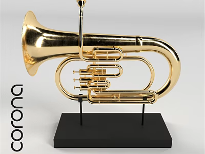 Golden Brass Tuba Musical Instrument With Black Display Stand For Art Supplies 3d model