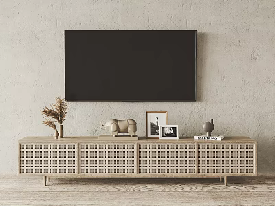 Stylish Light Wood TV Stand With Woven Doors Decorative Vase Sculpture Photo Frames And Books 3d model