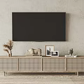 Stylish Light Wood TV Stand With Woven Doors Decorative Vase Sculpture Photo Frames And Books