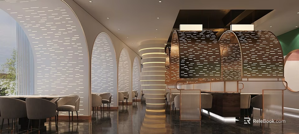 Elegant Modern Restaurant Interior With Arched Structures Circular Bar Lighting And Seating 3d model 