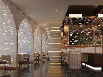 Elegant Modern Restaurant Interior With Arched Structures Circular Bar Lighting And Seating 3d model