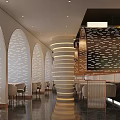 Elegant Modern Restaurant Interior With Arched Structures Circular Bar Lighting And Seating