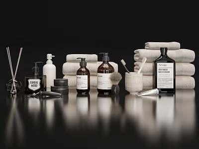 Bathroom Accessories Featuring Stacked Towels Fragrance Bottles Brushes And Tools 3d model