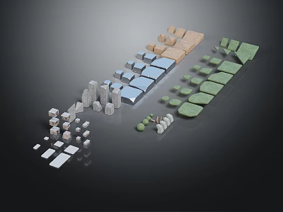 Modern Scene Building Components with Gray Blue Beige Green Blocks and Cylinders 3d model