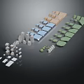 Modern Scene Building Components with Gray Blue Beige Green Blocks and Cylinders