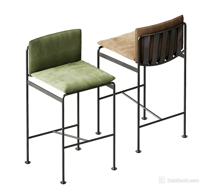 Modern Upholstered Bar Stools With Green Brown Seats And Black Metal Frames 3d model 