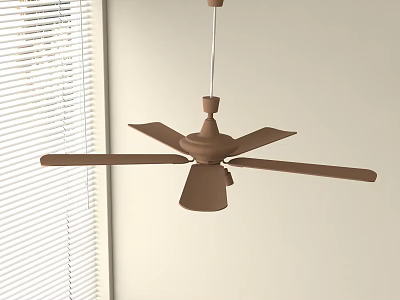 Brown Ceiling Fan Light With Blades In White Wall Interior And Window Blinds Design 3d model