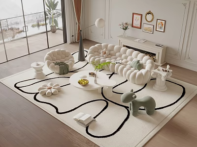 Cozy Modern Sofa Coffee Table Combination With Large Windows Indoor Plants And Decorative Rug 3d model