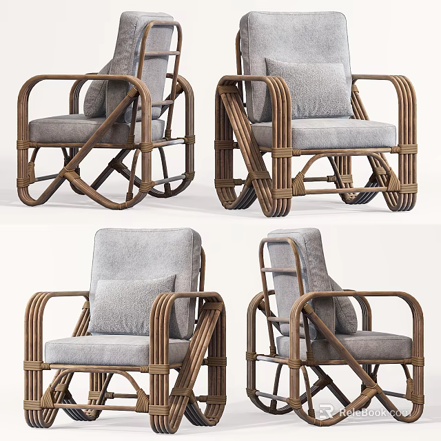 Stylish Rattan Upholstered Gray Armchair with Armrest and Backrest Design Shown in Multiple Angles 3d model 