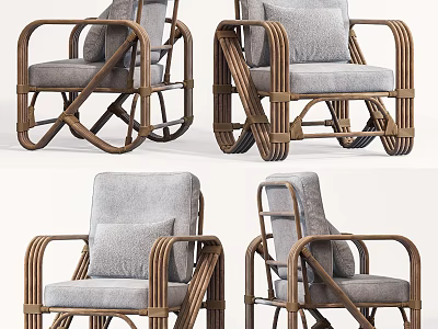 Stylish Rattan Upholstered Gray Armchair with Armrest and Backrest Design Shown in Multiple Angles 3d model