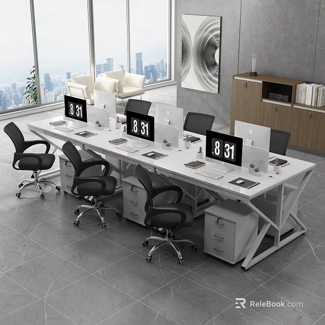 White Office Desk With Multi Workstation Black Chairs Large Windows City View And Green Plants 3d model 