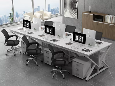 White Office Desk With Multi Workstation Black Chairs Large Windows City View And Green Plants 3d model