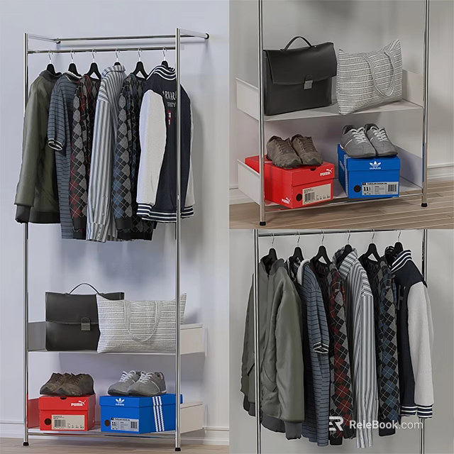 Stylish Hanging Clothes on Clothing Rack with Bags and Shoes 3d model 