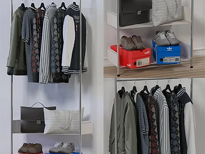 Stylish Hanging Clothes on Clothing Rack with Bags and Shoes 3d model