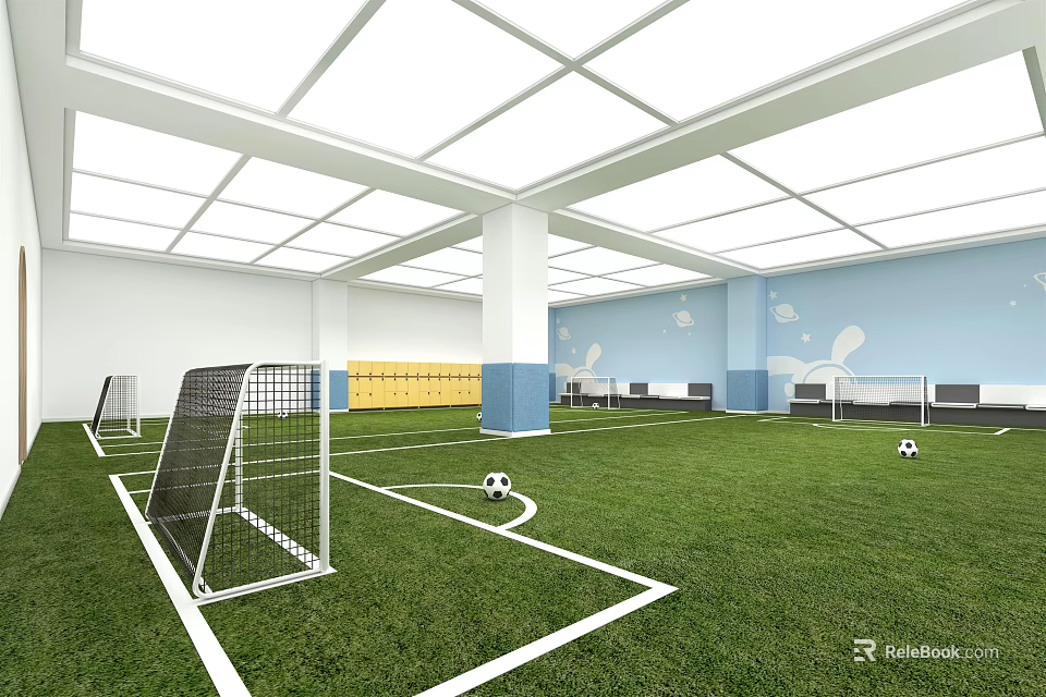 Indoor Soccer Field for Sports Fitness with Artificial Grass Goalposts and Soccer Balls 3d model 