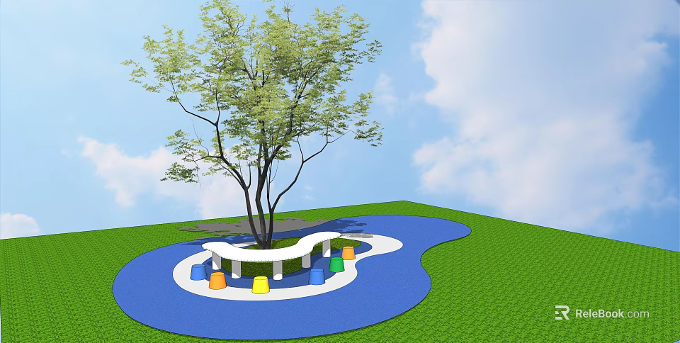Colorful Cube Outdoor Chairs On Green Lawn Under Circular Tree Structure 3d model