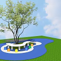 Colorful Cube Outdoor Chairs On Green Lawn Under Circular Tree Structure 3d model