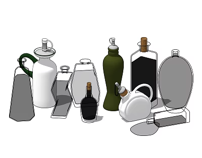 Elegant Glass Wine Bottles And Wine Glasses With Various Shapes Colors And Cork Stoppers 3d model