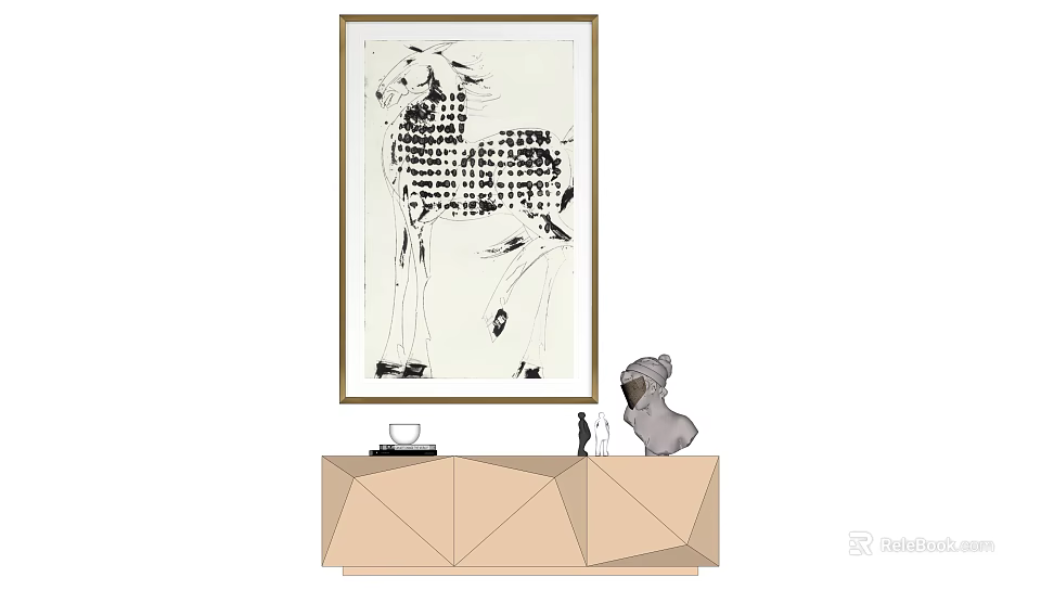 Modern Interior With Deer Painting Geometric Sideboard And Decorative Items 3d model 