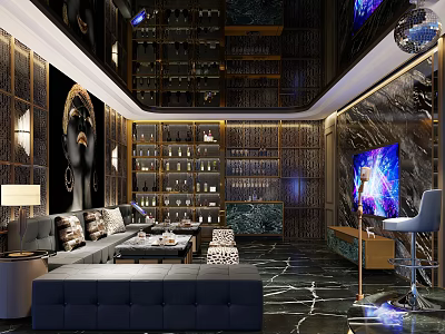 Luxurious Modern KTV Interior With Leather Seating LED Screen Wine Racks And Decorative Lighting 3d model