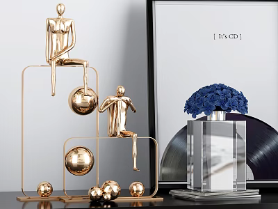 Modern Decorative Ornament Set With Golden Metal Human Figure Sculptures Spheres Crystal Vase Blue Flowers 3d model