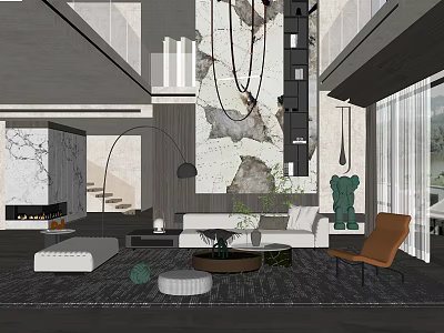 Modern Duplex Living Room Interior Design With White Sofa Brown Armchair Coffee Table And Rug 3d model