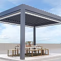 Modern Outdoor Pergola With Black Metal Frame Slatted Roof And Wooden Table Stools