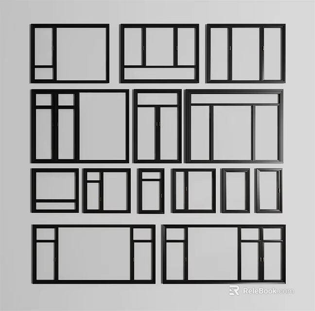 Display of Various Black Window Frame Styles Arranged on White Background 3d model