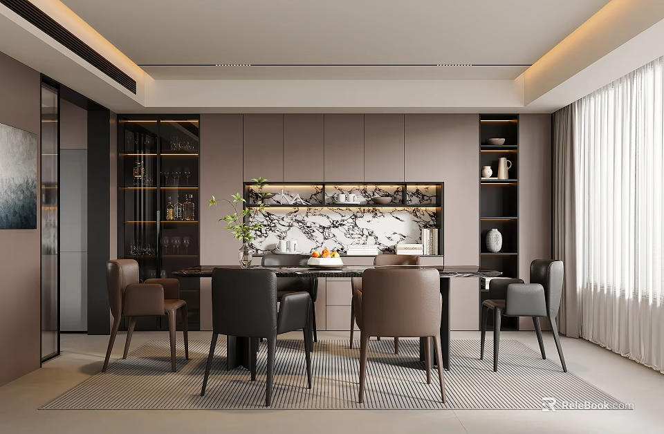 Modern Luxury Restaurant Interior Design With Dining Table Chairs Cabinets And Green Plants 3d model 