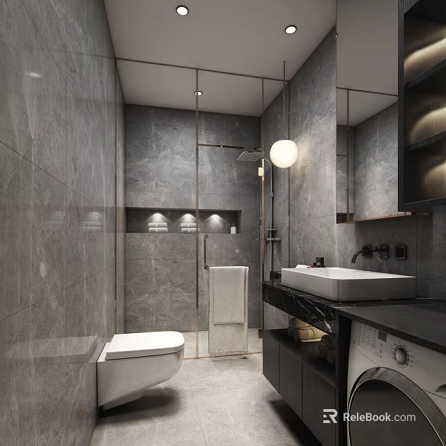 Modern Luxury Bathroom Interior With Grey Marble Finishes And Elegant Gold Framed Glass Shower Partition 3d model 